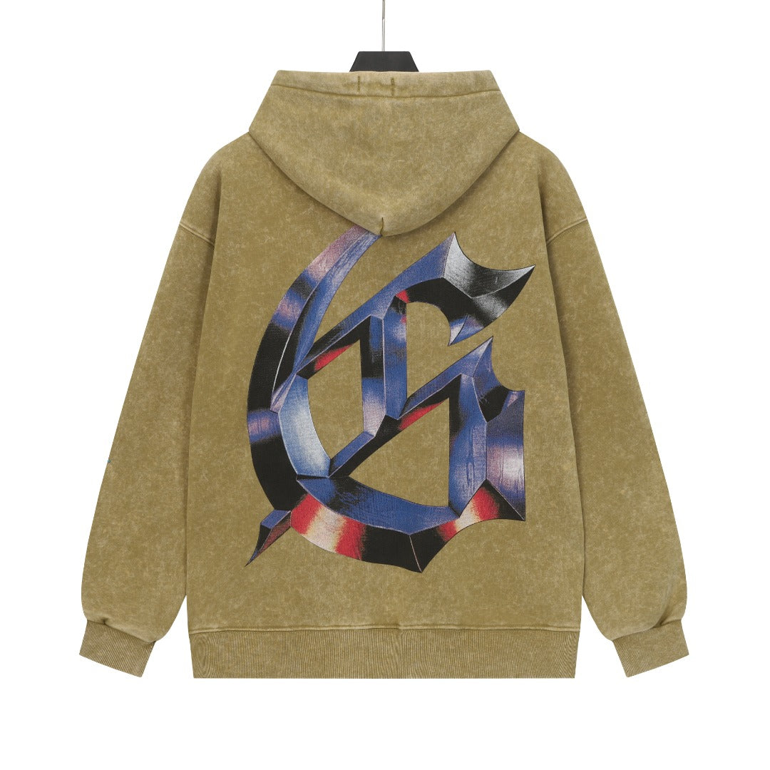 Sweat à capuche homme noir et kaki style vintage délavé (imprimé artisanal) G6606