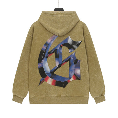 Sweat à capuche homme noir et kaki style vintage délavé (imprimé artisanal) G6606