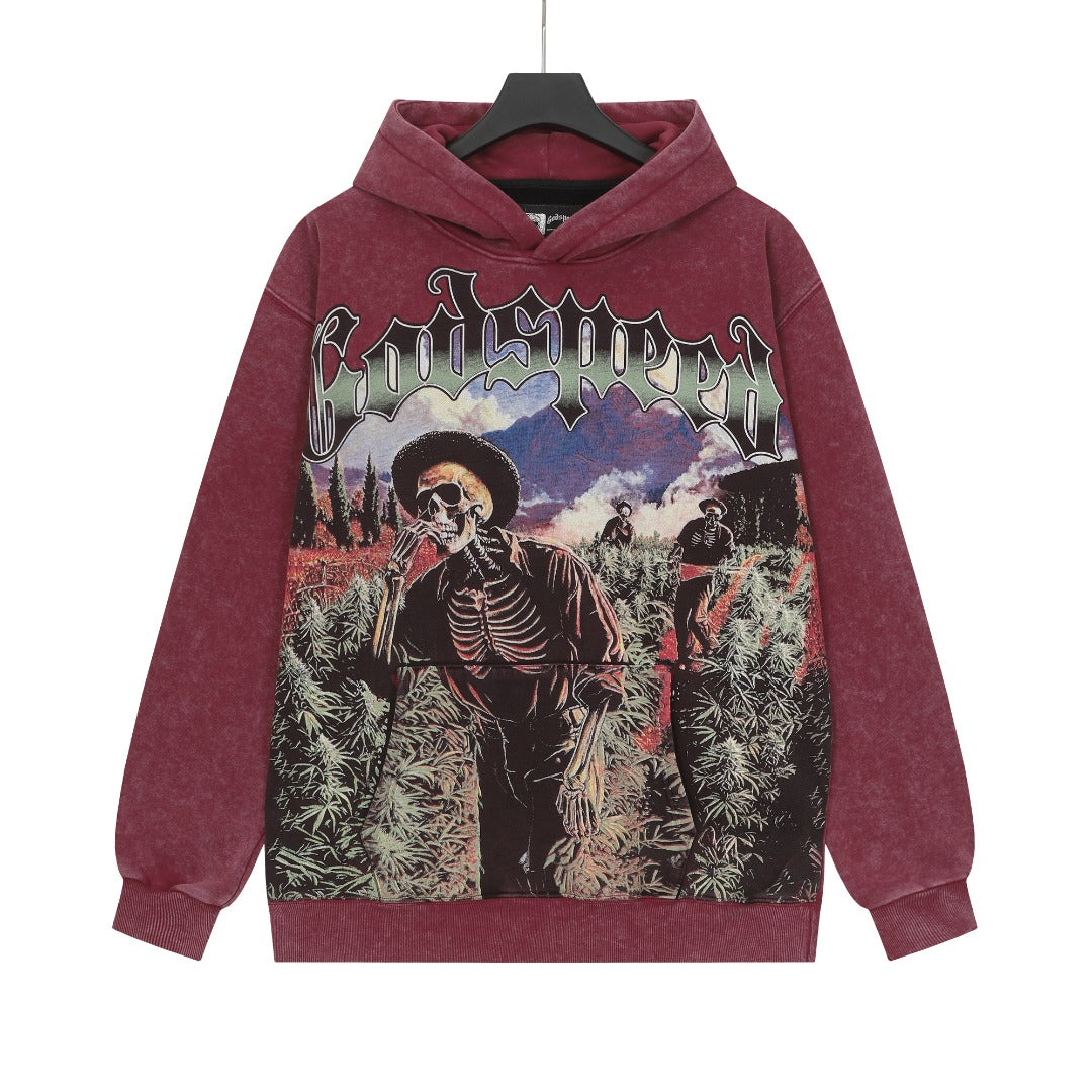 Sweat à capuche homme rouge et noir style vintage délavé (impression artisanale) G6607