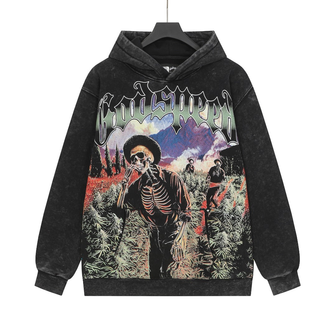 Sweat à capuche homme rouge et noir style vintage délavé (impression artisanale) G6607