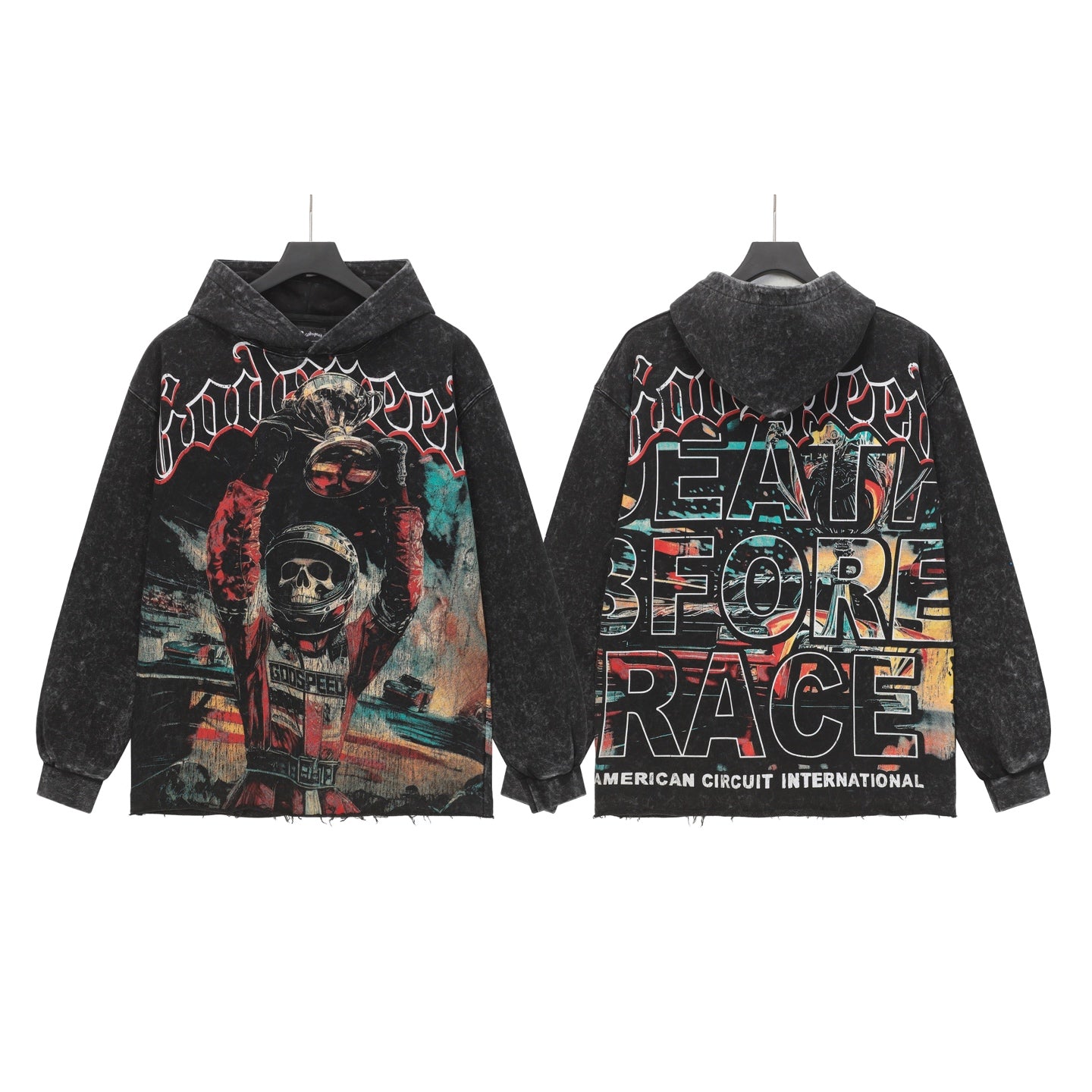 Sweat à capuche noir délavé style vintage pour homme (imprimé artisanal) G6801