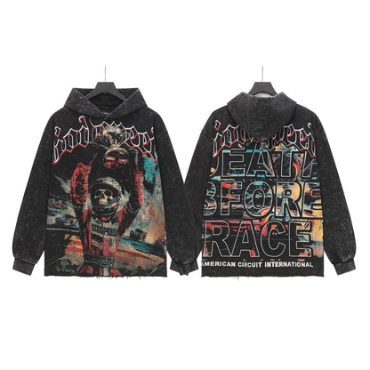 Sweat à capuche noir délavé style vintage pour homme (imprimé artisanal) G6801