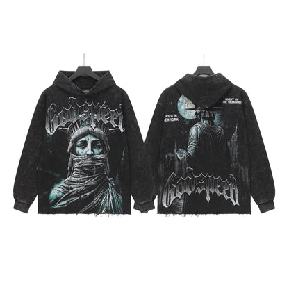 Sweat à capuche homme noir et rouge style vintage délavé (impression artisanale) G6802
