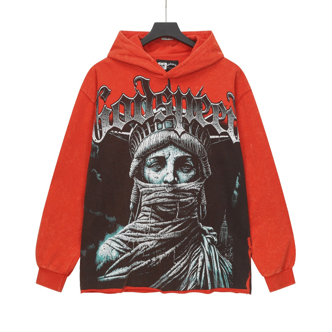 Sweat à capuche homme noir et rouge style vintage délavé (impression artisanale) G6802