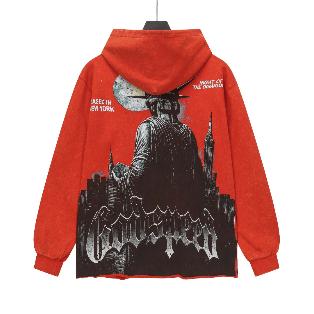Sweat à capuche homme noir et rouge style vintage délavé (impression artisanale) G6802