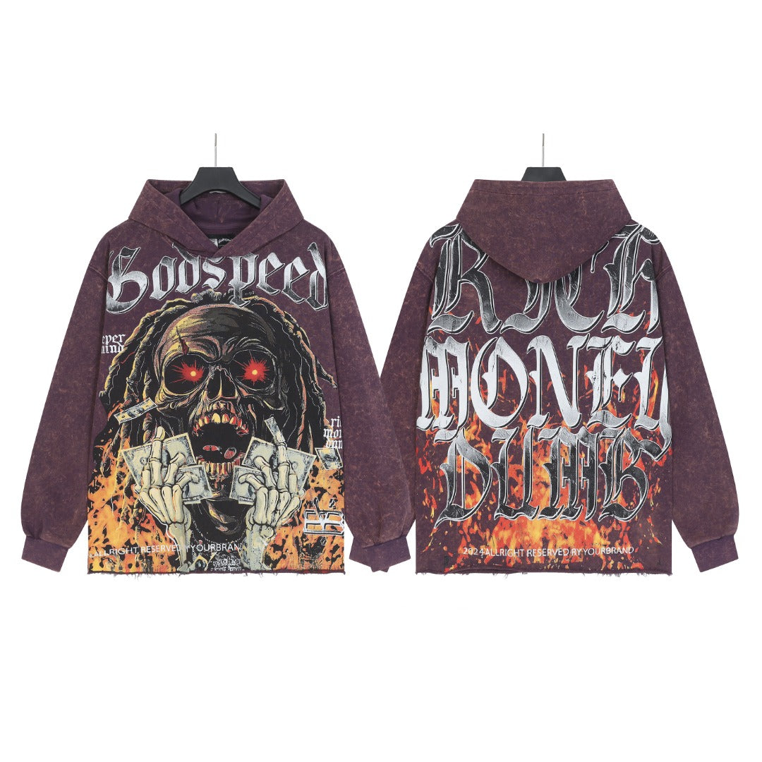 Sweat à capuche homme violet et noir style vintage délavé (impression artisanale) G6803