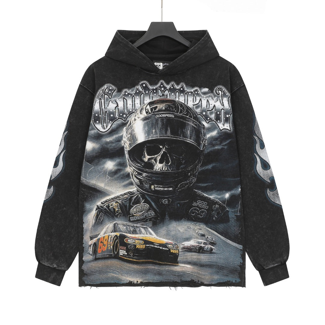 Sweat à capuche homme rouge et noir style vintage délavé (impression artisanale) G6805