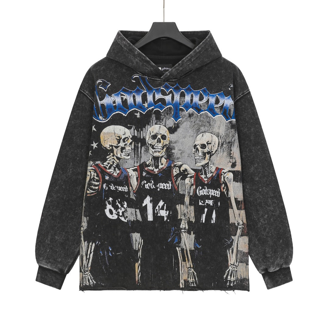 Sweat à capuche noir délavé style vintage pour homme (imprimé artisanal) G6806