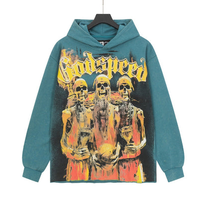 Sweat à capuche homme bleu et noir style vintage délavé (impression artisanale) G6807