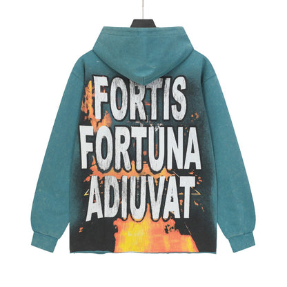 Sweat à capuche homme bleu et noir style vintage délavé (impression artisanale) G6807