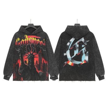 Sweat à capuche noir délavé style vintage pour homme (imprimé artisanal) G6808