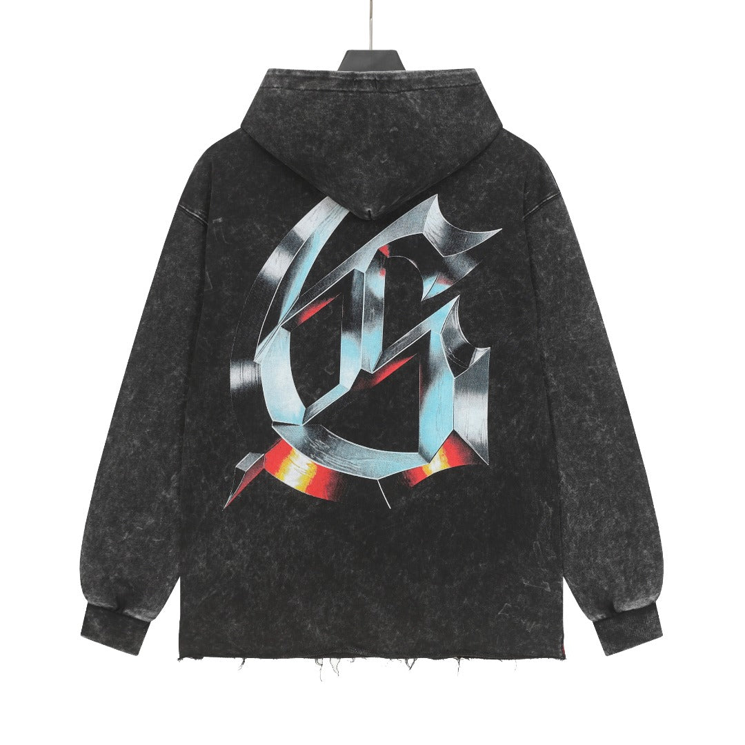 Sweat à capuche noir délavé style vintage pour homme (imprimé artisanal) G6808