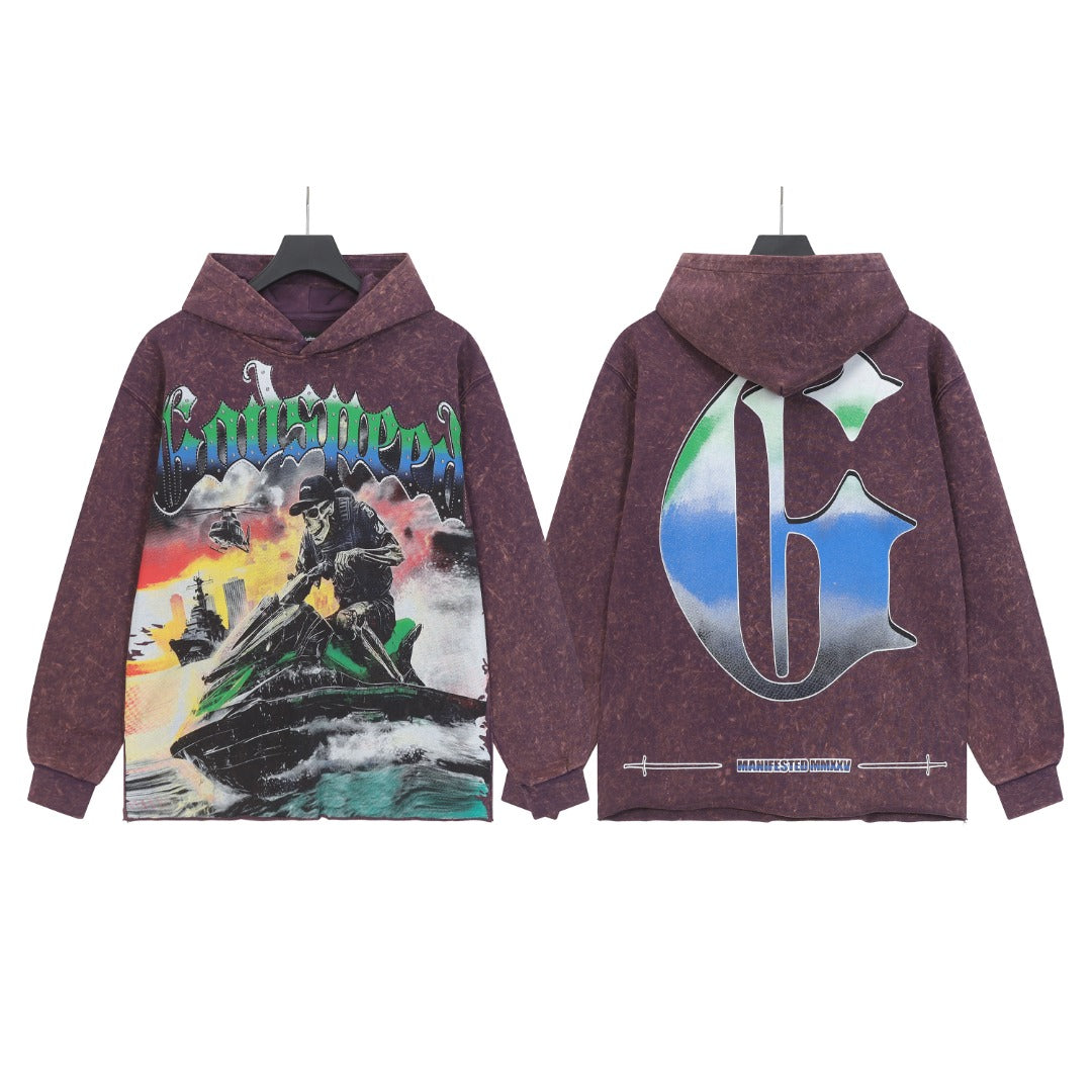 Sweat à capuche homme violet et noir style vintage délavé (impression artisanale) G6810
