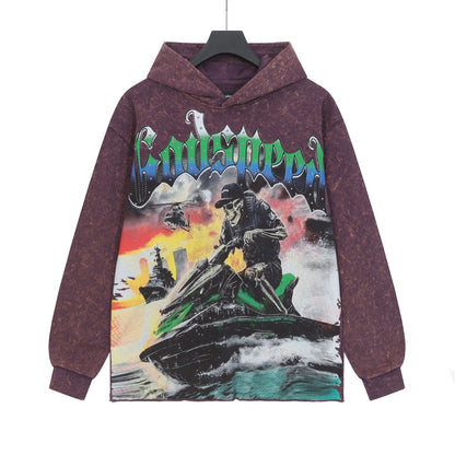 Sweat à capuche homme violet et noir style vintage délavé (impression artisanale) G6810