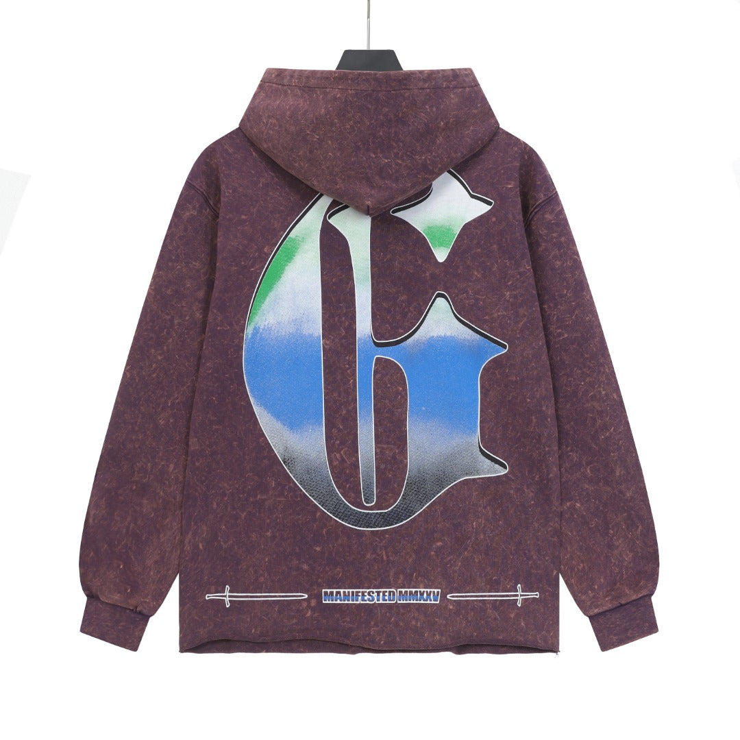 Sweat à capuche homme violet et noir style vintage délavé (impression artisanale) G6810