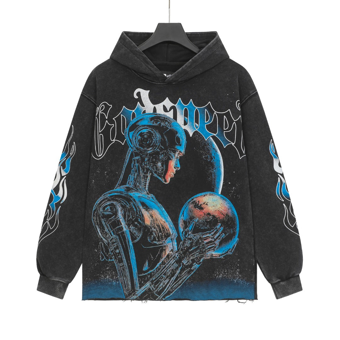 Sweat à capuche homme noir et beige style streetwear vintage délavé (imprimé artisanal) G6850