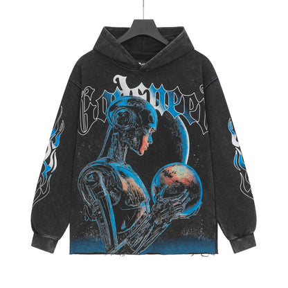 Sweat à capuche homme noir et beige style streetwear vintage délavé (imprimé artisanal) G6850