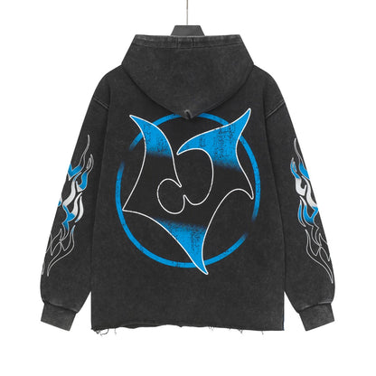 Sweat à capuche homme noir et beige style streetwear vintage délavé (imprimé artisanal) G6850