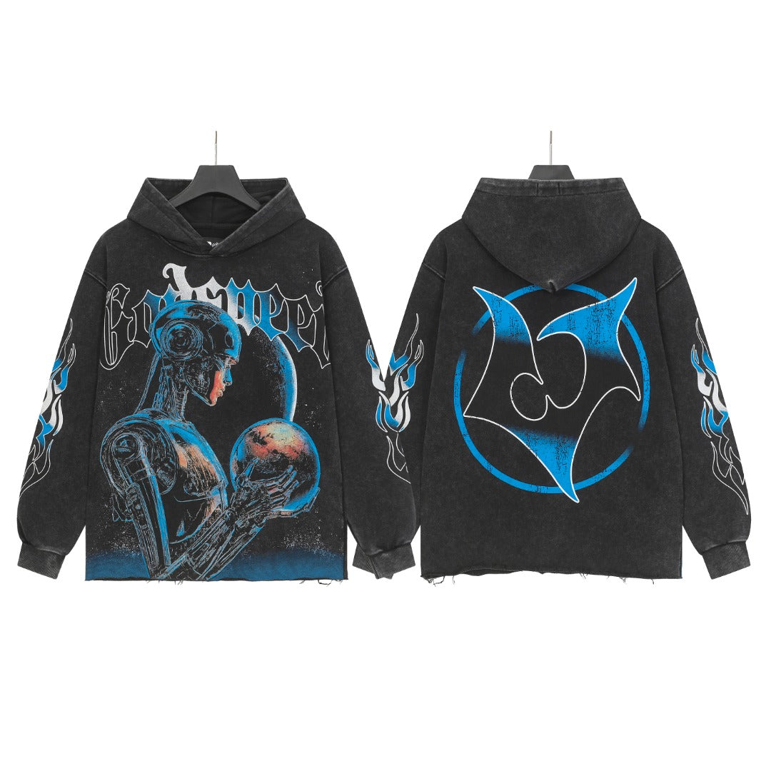 Sweat à capuche homme noir et beige style streetwear vintage délavé (imprimé artisanal) G6850