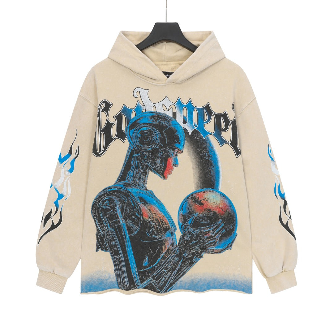 Sweat à capuche homme noir et beige style streetwear vintage délavé (imprimé artisanal) G6850