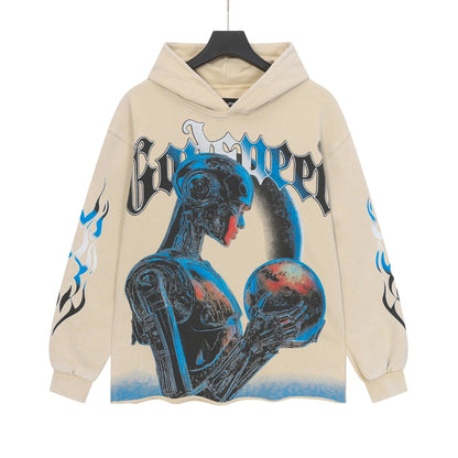 Sweat à capuche homme noir et beige style streetwear vintage délavé (imprimé artisanal) G6850