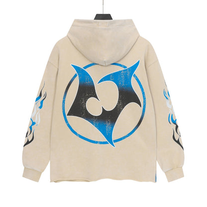 Sweat à capuche homme noir et beige style streetwear vintage délavé (imprimé artisanal) G6850
