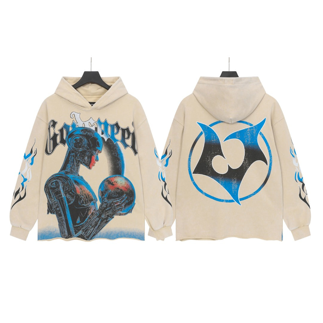 Sweat à capuche homme noir et beige style streetwear vintage délavé (imprimé artisanal) G6850