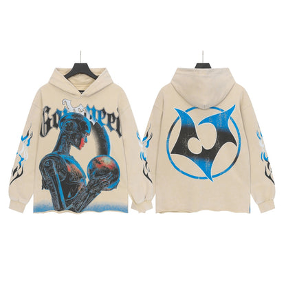 Sweat à capuche homme noir et beige style streetwear vintage délavé (imprimé artisanal) G6850