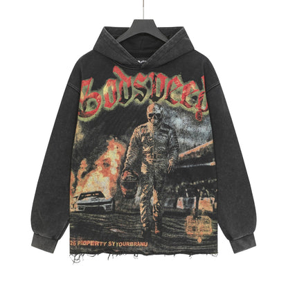 Sweat à capuche homme noir et gris style vintage délavé (impression artisanale) G6851