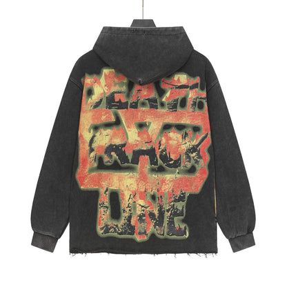 Sweat à capuche homme noir et gris style vintage délavé (impression artisanale) G6851