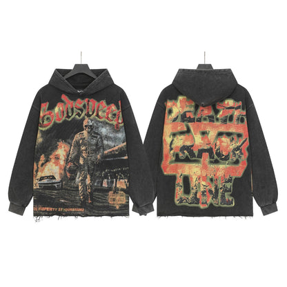 Sweat à capuche homme noir et gris style vintage délavé (impression artisanale) G6851