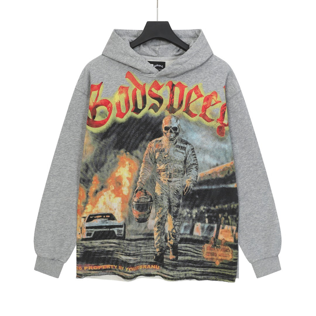 Sweat à capuche homme noir et gris style vintage délavé (impression artisanale) G6851