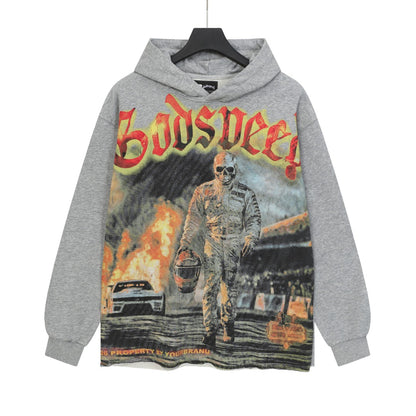 Sweat à capuche homme noir et gris style vintage délavé (impression artisanale) G6851