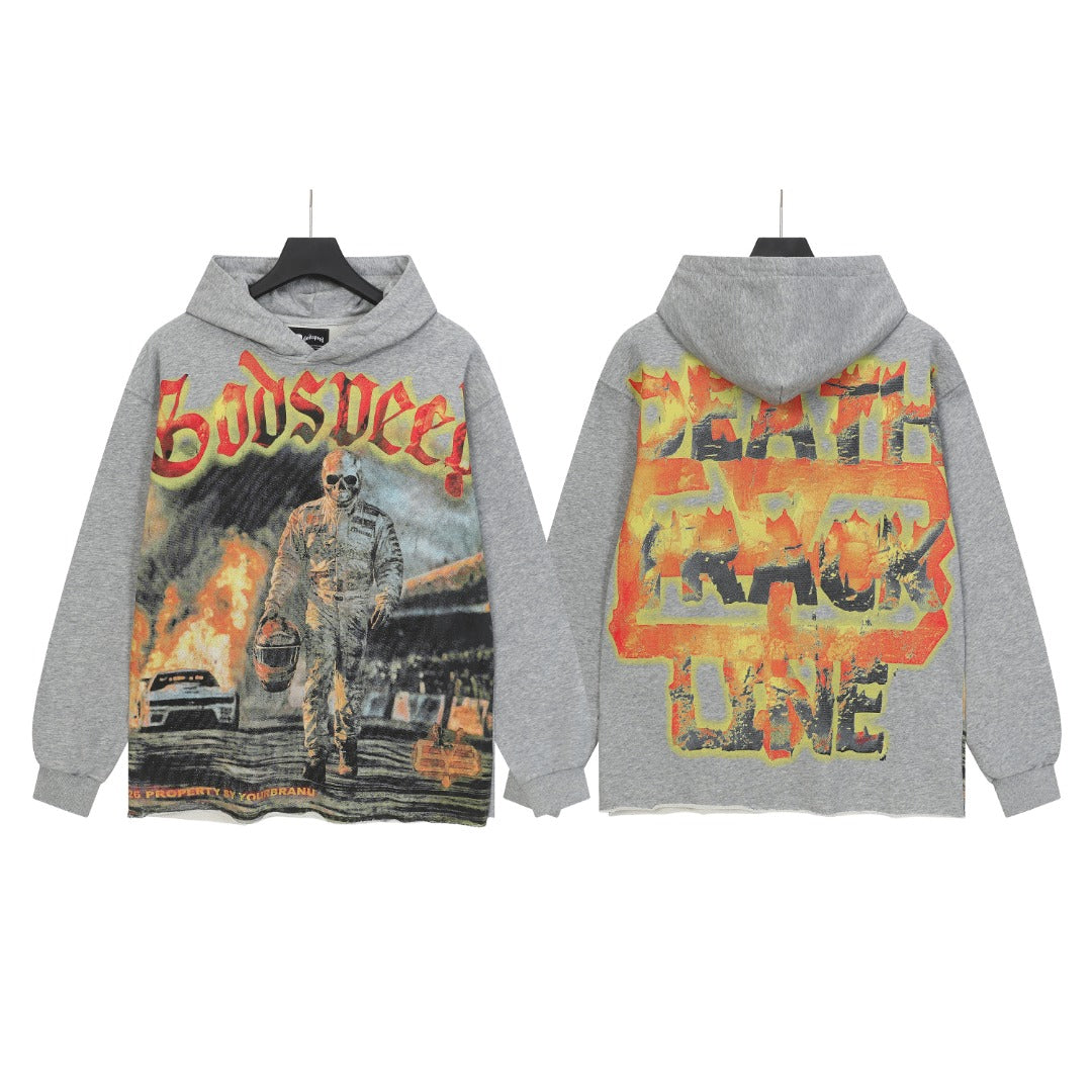 Sweat à capuche homme noir et gris style vintage délavé (impression artisanale) G6851