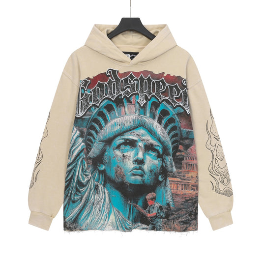 Beige & Black Street Vintage Washed Hoodie (Crafted Print) G6855