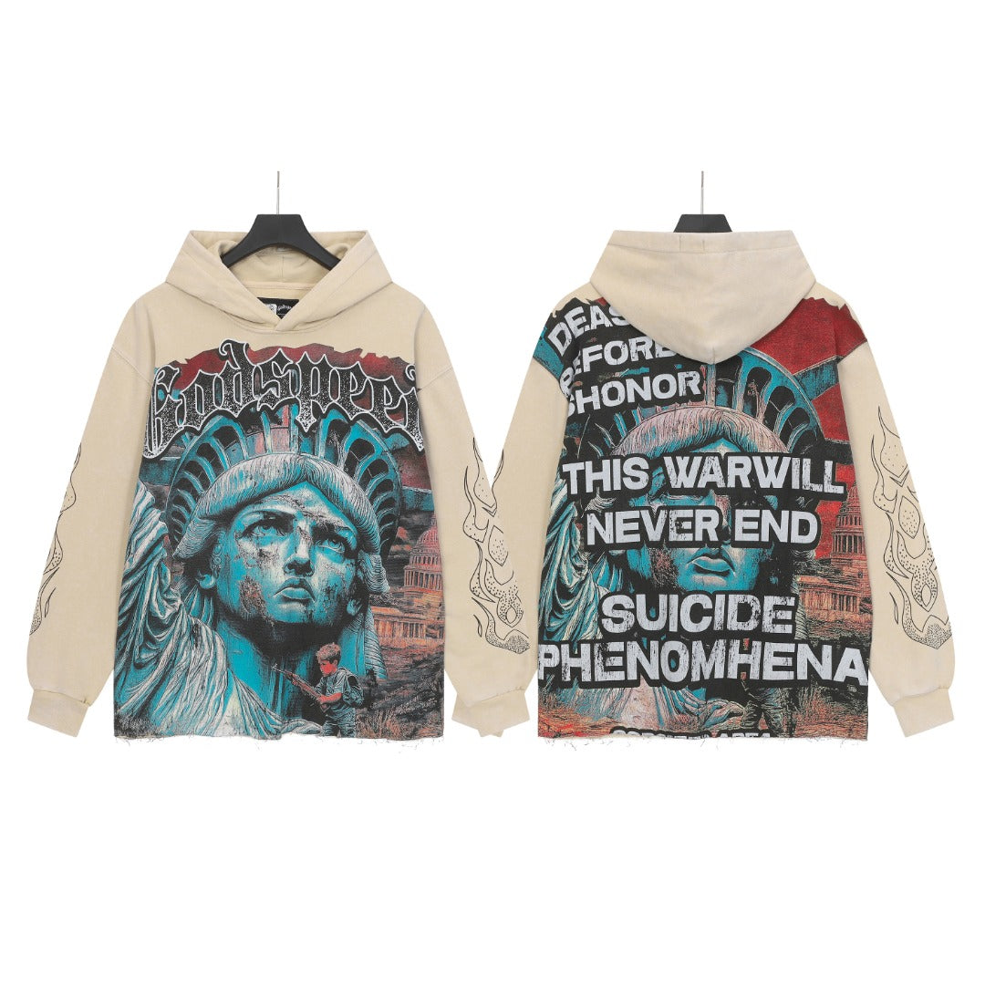 Sweat à capuche beige et noir style vintage pour homme (imprimé artisanal) G6855