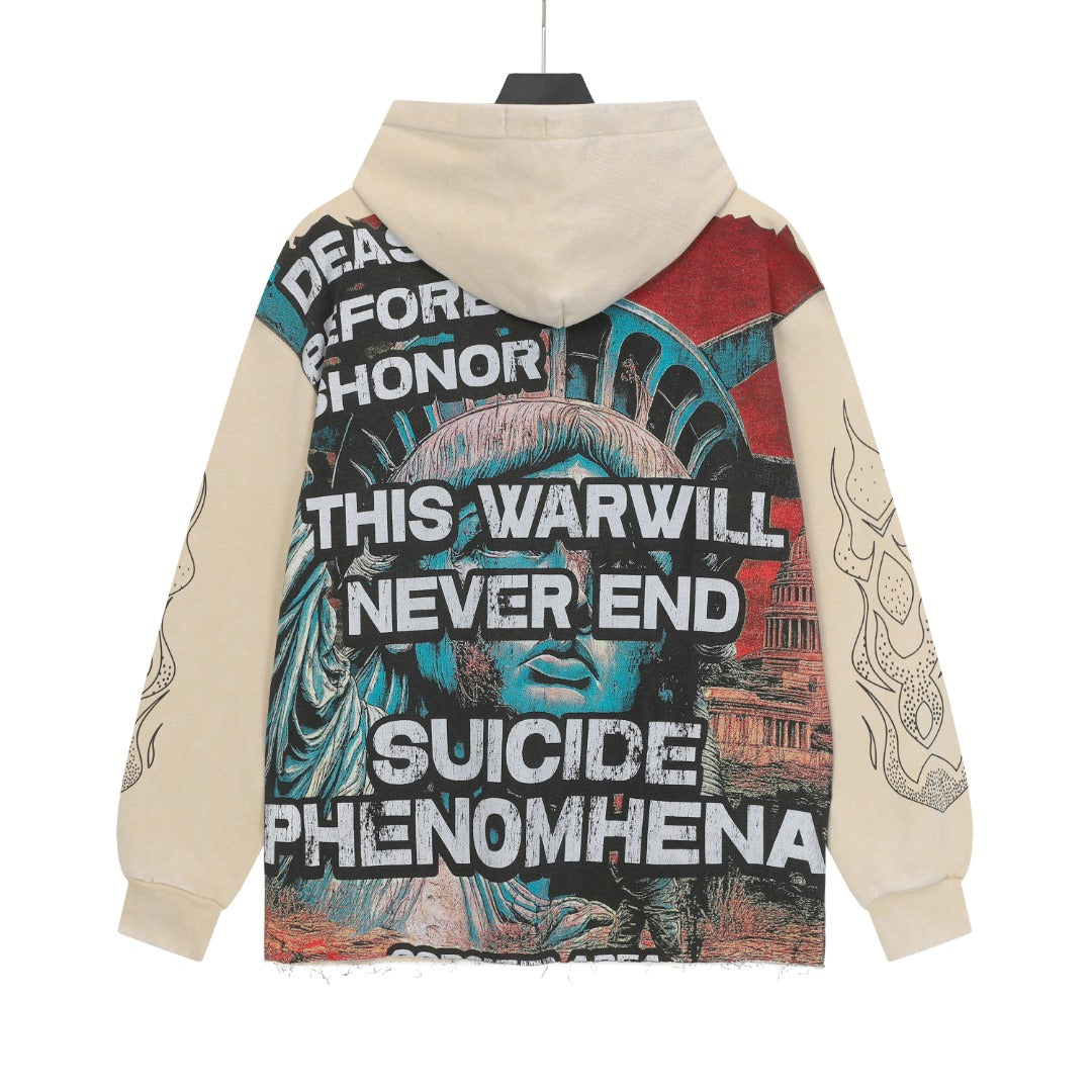 Sweat à capuche beige et noir style vintage pour homme (imprimé artisanal) G6855