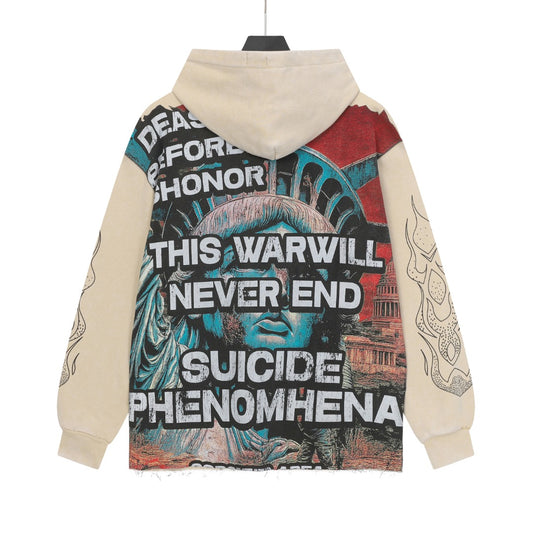 Beige & Black Street Vintage Washed Hoodie (Crafted Print) G6855