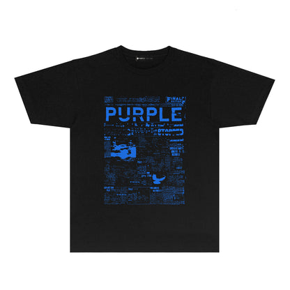 Purple Newspaper Print Graphic T-Shirt Short Sleeve Casual Streetwear Tee PUR058