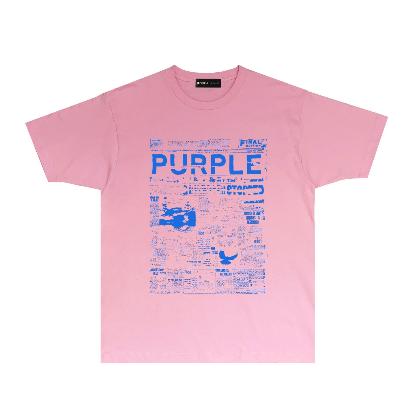 Purple Newspaper Print Graphic T-Shirt Short Sleeve Casual Streetwear Tee PUR058