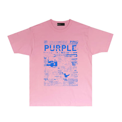Purple Newspaper Print Graphic T-Shirt Short Sleeve Casual Streetwear Tee PUR058
