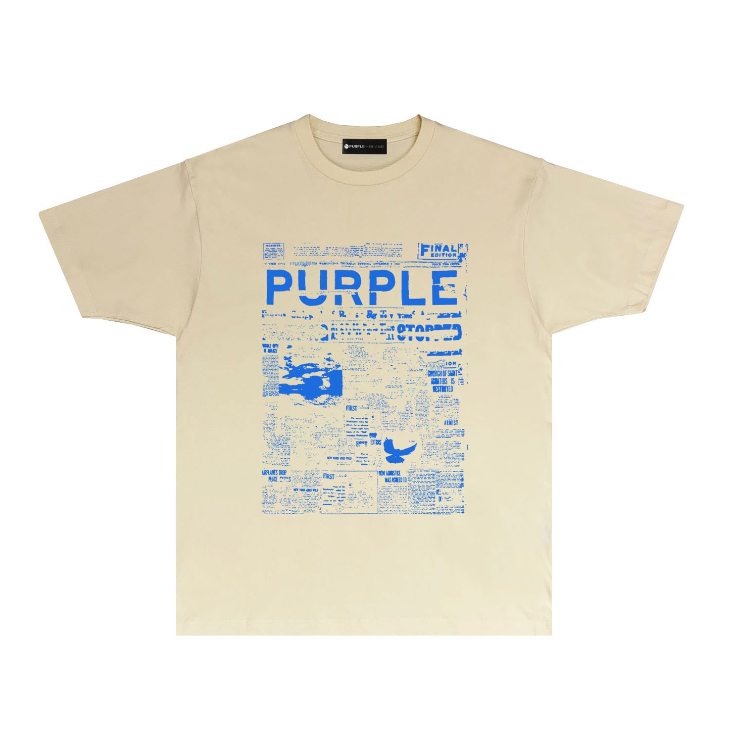 Purple Newspaper Print Graphic T-Shirt Short Sleeve Casual Streetwear Tee PUR058