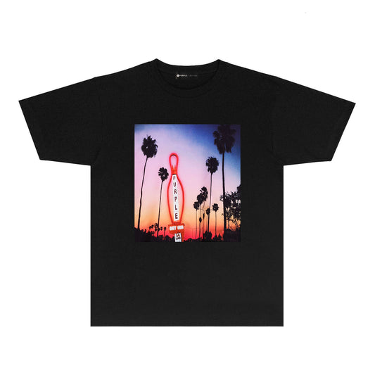 Purple Palm Tree Sunset Graphic T-Shirt Short Sleeve Casual Streetwear Tee PUR062