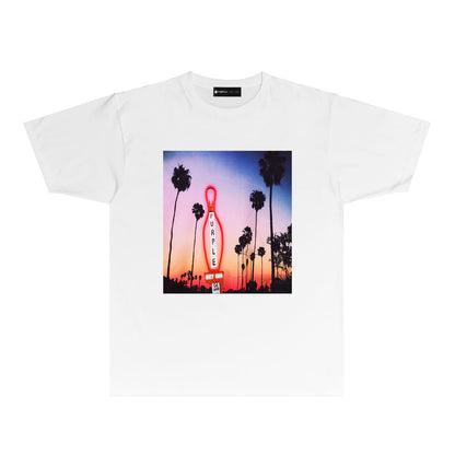 Purple Palm Tree Sunset Graphic T-Shirt Short Sleeve Casual Streetwear Tee PUR062