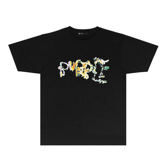 Purple Colorful Abstract Letter Graphic T-Shirt Short Sleeve Casual Streetwear Tee PUR066