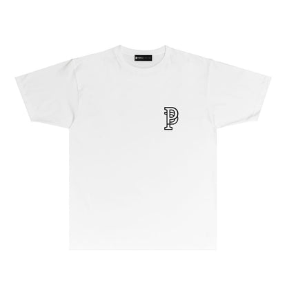 Purple Hollow P Letter Graphic T-Shirt Short Sleeve Casual Streetwear Tee PUR077