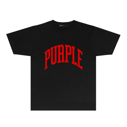 Purple Solid Color Curved Letter Graphic T-Shirt Short Sleeve Casual Streetwear Tee PUR079