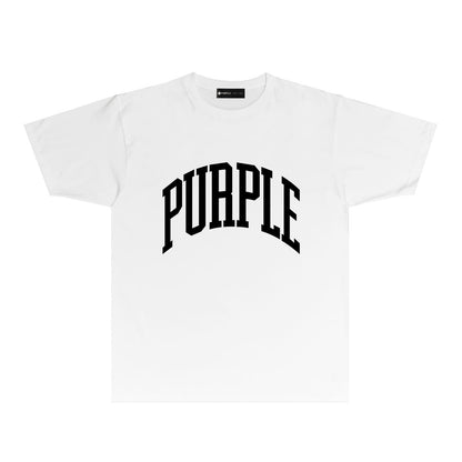 Purple Solid Color Curved Letter Graphic T-Shirt Short Sleeve Casual Streetwear Tee PUR079