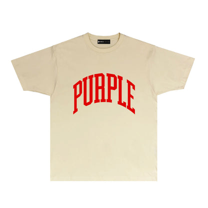 Purple Solid Color Curved Letter Graphic T-Shirt Short Sleeve Casual Streetwear Tee PUR079