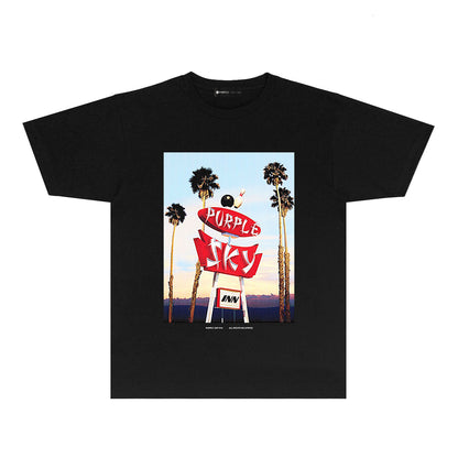 Purple Palm Tree Billboard Graphic T-Shirt Short Sleeve Casual Streetwear Tee PUR081